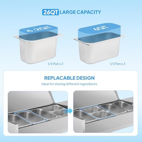 ROVSUN 48" Refrigerated Condiment Prep Station Sandwich Prep Table ETL NSF, 25.1QT Salad Bar Prep Rail w/Auto Defrost Temp Control Stainless Steel Cover 3 1/3 Pan & 2 1/4 Pan for Restaurant Food Truck - Image 5