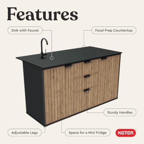 Keter Signature Compact Outdoor Kitchen Island with Sink, Storage Drawers & Cabinet, Brown, Weather-Resistant Resin Patio Prep Table with Countertop - Image 4