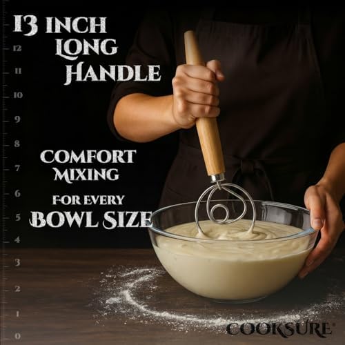 304 Danish Dough Whisk for Sourdough Bread – 13 Inch Bread Whisk with Wooden Handle – 304 Stainless Steel Hook for Heavy Dough Baking, Swedish Dough Whisk Tool - Image 2