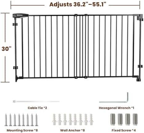 Mumeasy 30" Tall Baby Gate for Stairs, 36.2-55.1" Expandable Hardware Mounted (Drill Needed), Removable No Bottom Bar Dog Gate, Auto Close Wide Walk Thru Safety Gate for Doorways, Pets& Toddlers,Black - Image 2
