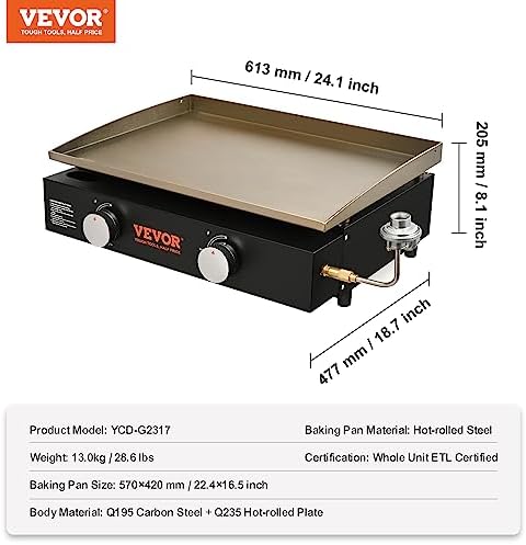 VEVOR Commercial Griddle, 22.4" Heavy Duty Manual Flat Top Griddle, Countertop Gas Grill with Non-Stick Cooking Plate, Countertop Gas Griddles, H-Shaped Burner Restaurant Portable Grill, 13,000 BTU - Image 7