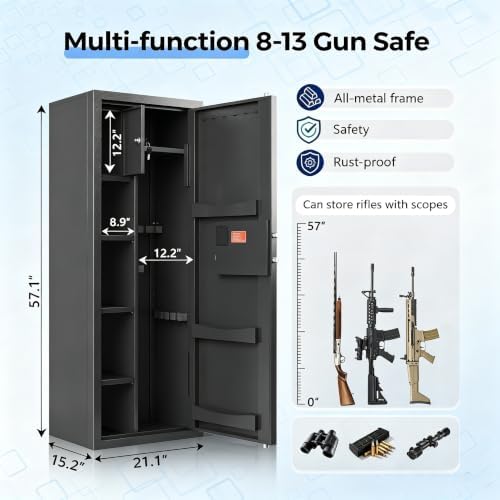 KAER Gun Safe for Rifles and Pistols, 8-13 Gun Cabinet for Shotguns, With Upgraded Electronic Combination Lock & Built-in Safe & Removable Dividers, Ammo Cabinet for Home, Garage, Office - Image 3