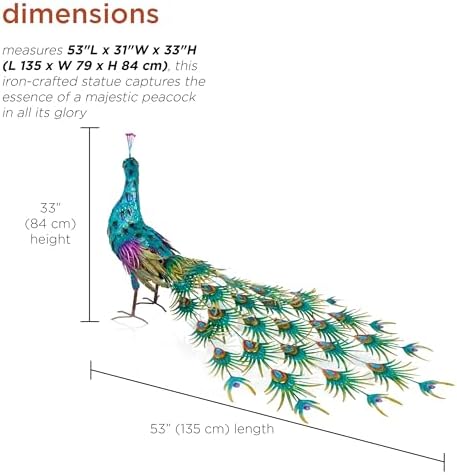 Alpine Corporation HEH378 Metal Jumbo Sized Majestic Peacock Decor, Elegant Garden & Patio Bird Statue, 33" H, Blue - Image 3