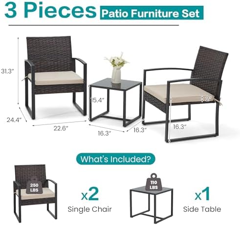 Bezseller 3-Piece Patio Furniture Set, Wicker Bistro Set, Brown - Image 3