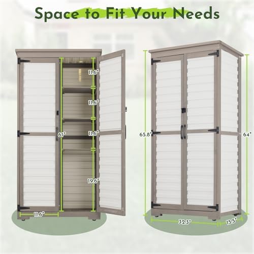 Tall Outdoor Storage Cabinet with Adjustable Shelves, White Plastic & Wood Storage Cabinets with Waterproof Roof, Lockable Doors, Outside Tool Shed for Garden,Patio, Backyard, Garage - Image 4