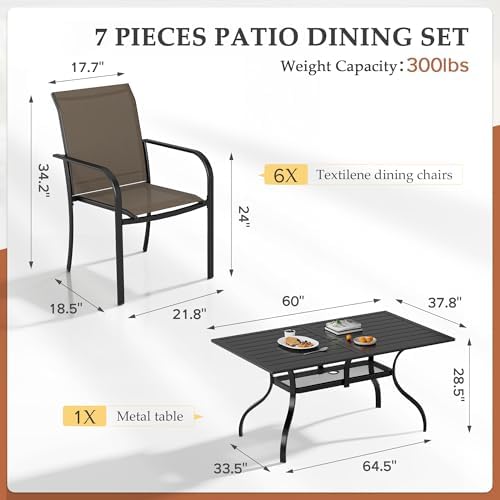 Incbruce 7 Pcs Patio Dining Set with Textilene Chairs and Rectangle Table (Brown) - Image 6