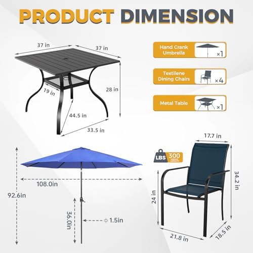 Incbruce 6 Pieces Paito Dining Set with Dark Blue Umbrella, Outdoor Metal Dining Set of 4 Textilene Chairs and Square Table with Umbrella Hole for Garden, Porch and Backyard (Blue) - Image 5