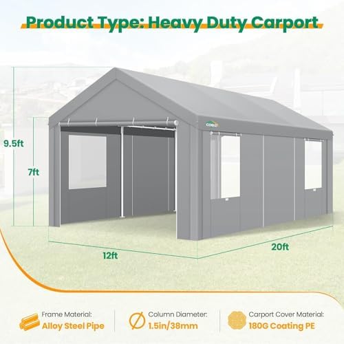 COBIZI 12x20 FT Heavy Duty Carport with Galvanized Frame, Gray - Image 2