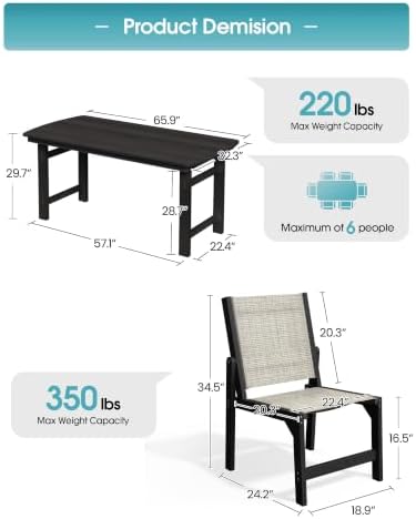 Ciokea HDPE Outdoor Dining Set, Patio Table and 6 Stackable Chairs, Black - Image 2