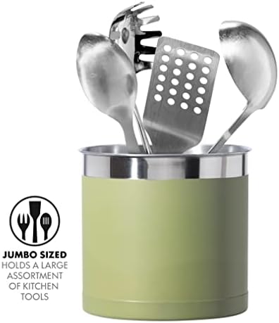 Oggi Stainless Steel Jumbo Utensil Holder - 7" Utensil Caddy, Weighted Base for Stability - Extra Large Utensil Crock and Countertop Utensil Organizer, Olive - Image 3