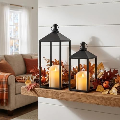 2 Pcs Black Decorative Metal Lanterns Farmhouse Lantern Decor with Candles - Image 4