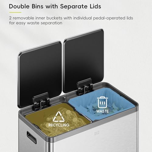 EKO EcoCasa Plus 2 x 10.6 Gal Dual Recycling Trash Can for Kitchen, Large Stainless Steel Step-On Garbage Can with Soft-Close Lids, Odor-Proof and Fingerprint-Resistant, Removable Buckets with Handles - Image 4