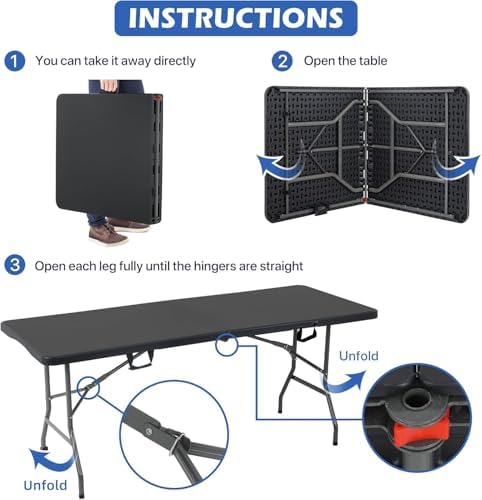 HKLGorg 6 Ft Folding Table, Plastic Folding Utility Table, Black - Image 4