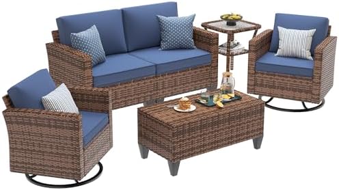 UDPATIO Patio Furniture Set, 5 Pieces Outdoor Wicker Furniture Set with Swivel Rocking Chairs Storage Table and Waterproof Covers for Backyard, Deck, Porch, Navy - Image 2