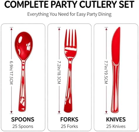 75 Pack Red Heavy Duty Plastic Silverware Set, Disposable Knives, Forks & Spoons, 25 Sets for Birthday, Baby Shower, Camping, Picnic & Party - Image 2
