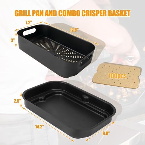 Grill Cooking Pot and Combo Crisper Basket for Ninja Foodi FG551/DG551/DG651 Smart XL 6-in-1 Indoor Accessories Non-Stick Basket & Griddle Pan Replacement & 100 Pack Air Fryer Liners - Image 2