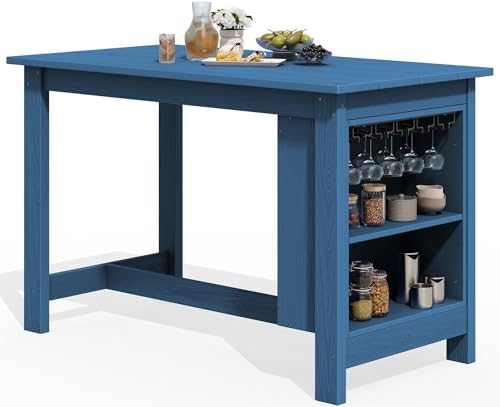 SERWALL Outdoor HDPE Counter-Height Bar Table with Storage Rack, Blue by SERWALL