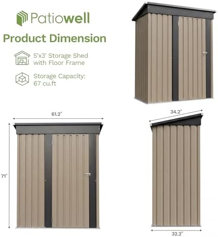 Patiowell 5x3 FT Outdoor Storage Shed with Floor Frame, Small Metal Sheds - Image 2