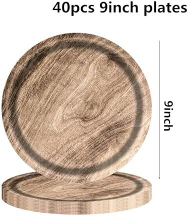 80 Pcs Wood Grain Paper Plates Birthday Decorations Party Disposable Tableware for Lumberjack Camping Hunting Theme Party Supplies, Serves 40 guests (Style B) - Image 3