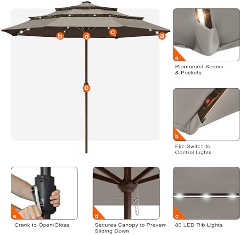 EliteShade USA 10-Year-Non-Fading 10ft 3-Tier Market Patio Umbrella, Commercial Table Umbrella with 80 Solar LED Lights, Crank Open, Windproof & UPF 50+ UV Protection for Garden, Deck, Pool, Backyard, No Tilt, Taupe - Image 5