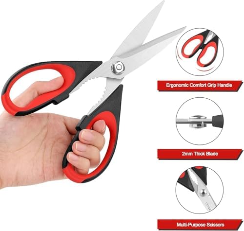 Kitchen Scissors All Purpose Heavy Duty, Kitchen Utensils Set, Stainless Steel Cooking Utensils Gadgets, Meat Poultry Food Shears Dishwasher Safe Utility Tools Home Gift (Black Red) - Image 3