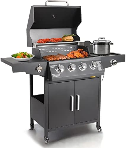 Propane Gas Grill 4 Burners with Side Burner Freestanding Grill Cart with Wheels for Outdoor Garden Cooking Barbecue Grill, Black by PolarAurora