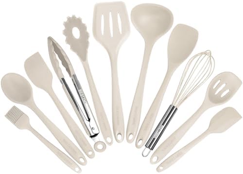 Kitchen Utensil Set - 11 Cooking Utensils - Colorful Silicone Kitchen Utensils - Nonstick Cookware with Spatula Set - Colored Best Kitchen Tools Kitchen Gadgets (Khaki) by BESTZMWK