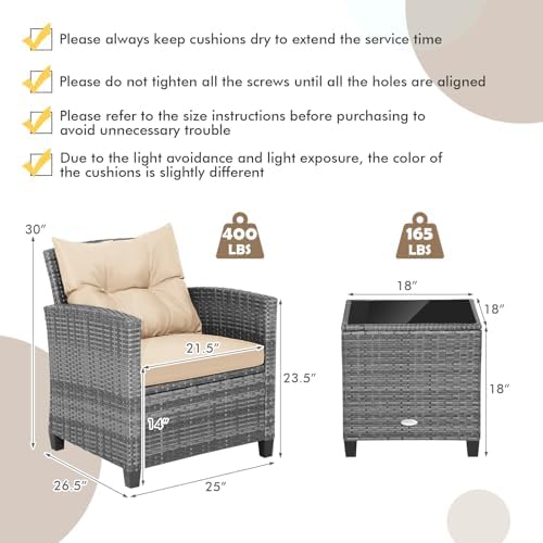 Tangkula 3 Pieces Wicker Patio Furniture Set, Outdoor Rattan Conversation Cushioned Chair Set with Tempered Glass Side Table, for Porch, Balcony and Garden - Image 5