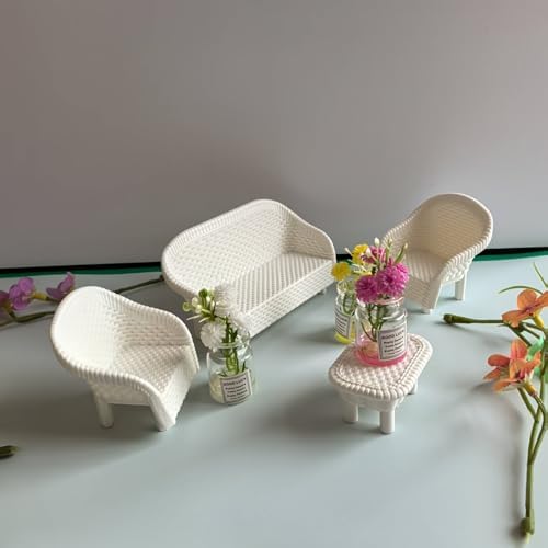 4 Pack Miniature White Wicker Tea Table and Chair Set, Dollhouse Furniture Decor for Bedroom, Handcrafted Miniature Furniture - Image 4