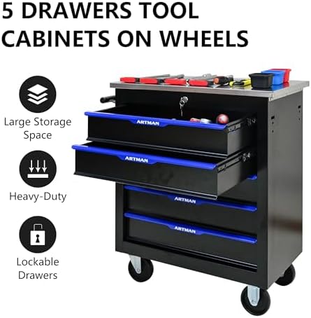 5-Drawer Heavy-Duty Rolling Steel Tool Cart with Handle&Wheels, Metal Storage Organizer Cabinet, Tool Chest for Efficient Tool Storage in Garage, Warehouse, Workshop, Repair Shop, Blue - Image 6