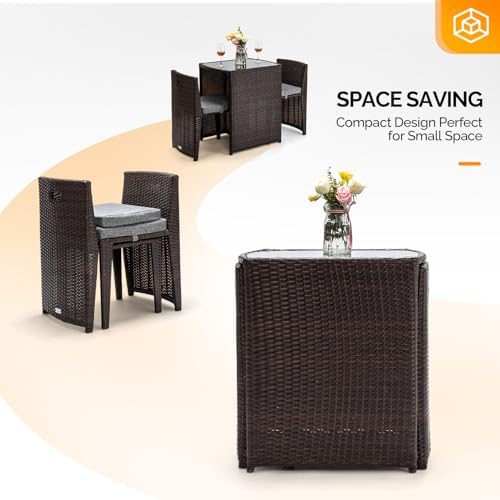 Bonnlo 3 PCS Wicker Outdoor Patio Bistro Set, Patio Furniture Set for Small Space with Glass Top Table Dining Chairs, Balcony Furniture Patio Table and Chairs Set of 2 for Garden Yard Porch (Brown) - Image 2