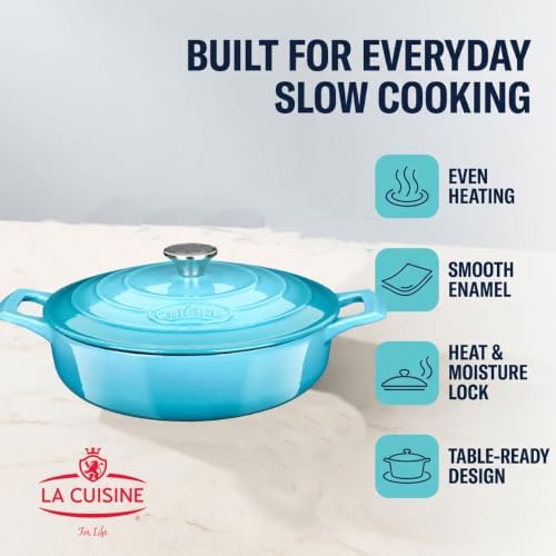 La Cuisine Enameled Cast Iron Braiser Sauté Pan Shallow Dutch Oven with Lid Internal Matt Black Enamel Coating 3.75 QT 11" / 28cm Ø, Oven-Safe 550°F/276°C, For GlassTop, Teal - Image 3