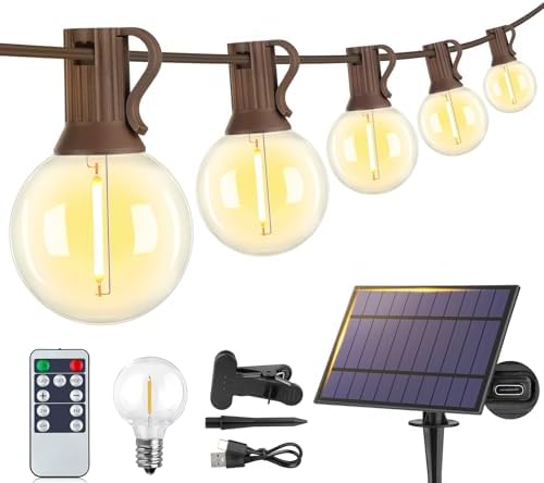 Larkvue 25FT Solar String Lights with Remote, 3 Modes, 11 G40 Bulbs, Brown by Larkvue