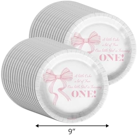 Pink Bows First Birthday - 32 Piece Disposable Party Supplies - Decorations for Girl's 1st Birthday Round Party Plates - Large 9" Paper Plates In Bulk - Image 2