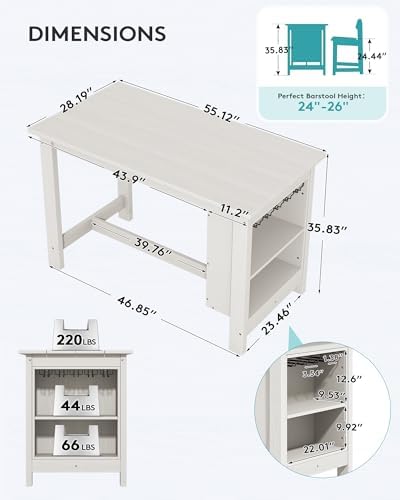 SERWALL Outdoor HDPE Counter-Height Bar Table with Storage Rack, White - Image 3