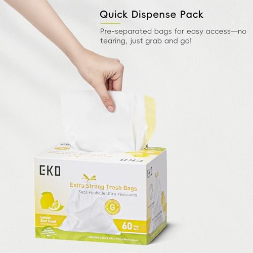 EKO 21 Gallon / 50-90 Liter, Drawstring TrashBags,Extra-Strong Garbage Bags,Lemon Zest Scent-Continuous Odor Control,Easy-Dispense Roll for Kitchen & Household Use, Code G,White, 60 Count (Pack of 4) - Image 7