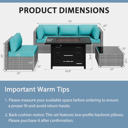 Shintenchi 6 Piece Outdoor Patio Furniture Set with 43 Inch Propane Fire Pit, Washable Cushions, Glass Coffee Table, Waterproof Cover & CSA Certified for Backyard Poolside, Silver PE Rattan/Blue - Image 2