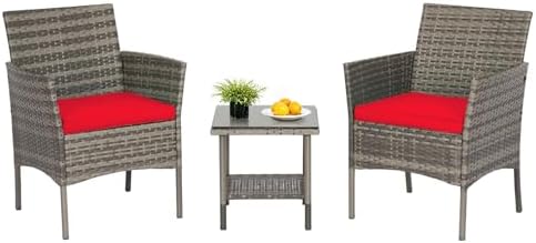 FDW 3-Piece Patio Furniture Set | Gray & Red | Outdoor Wicker Furniture by FDW