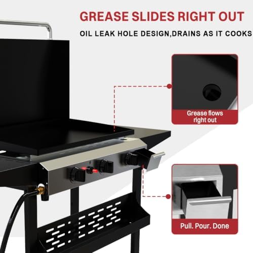 Pipopa 3-Burner Propane Griddle, Portable Flat Top Grill with Wheels & Hood - Image 7