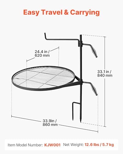 VEVOR Heavy Duty Swivel Campfire Grill, 24.4" Round Portable Camping Grill Grate, Sturdy Steel BBQ Mesh, 360° Height Adjustable Over Fire Pit with Support Rod, for Outdoor Open Flame Cooking, Black - Image 2