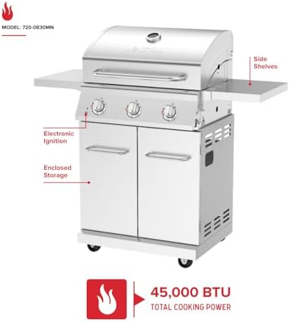 Nexgrill Propane 3-Burner Gas Grill, Stainless Steel with Foldable Shelves - Image 2
