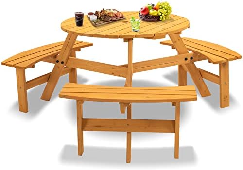 6-Person Circular Outdoor Wooden Picnic Table for Patio, Backyard, Garden, DIY w/ 3 Built-in Benches, 1720lb Capacity - Natural by QUAWIP