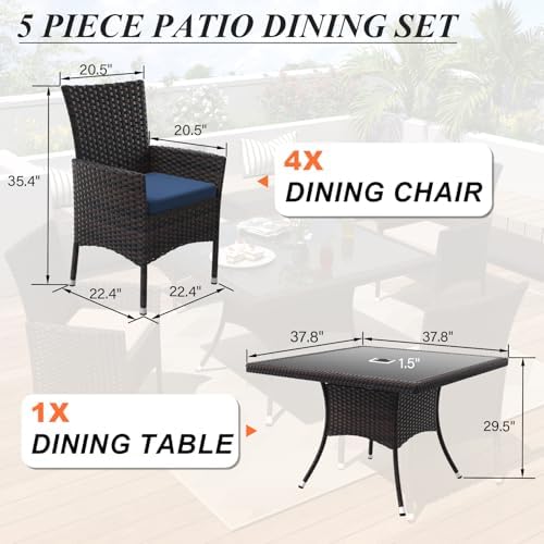 ALAULM 5 Piece Patio Dining Set All-Weather Wicker Outdoor Furniture Set w/Tempered Glass Tabletop, Removable Cushions and Umbrella Hole for Patio, Backyard, Garden, Poolside（Navy） - Image 2