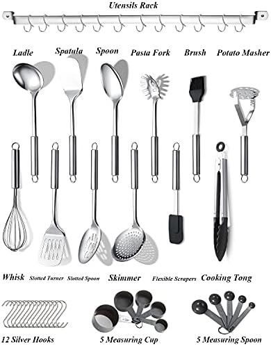 Berglander Kitchen Utensils Set 38 Pieces, Stainless Steel Cooking Utensils Set, Kitchen Gadgets Cookware, Kitchen Tool Set with Utensil Holder Rack And Hooks For Hanging Dishwasher Safe - Image 2