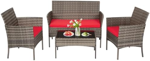 FDW 4-Piece Patio Furniture Set | Gray & Red |Outdoor Wicker Furniture by FDW