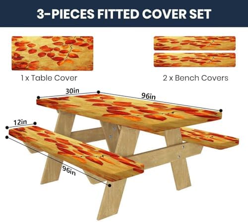 CAPSCEOLL Picnic Table Cover with Bench Covers 8ft - Burnt Orange Leaves - Image 2