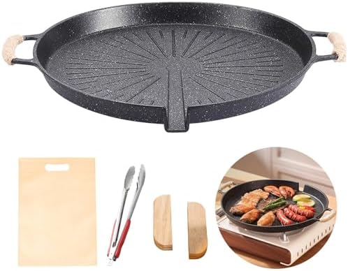 Double Ear Non Stick Baking Tray, 12.6-Inch Portable Outdoor Barbecue Plate, Breakfast Frying Pan with Automatic Oil Filter, Circular Large Cooking Surface, Versatile for Stoves, PFOA Free (Black) by Justup