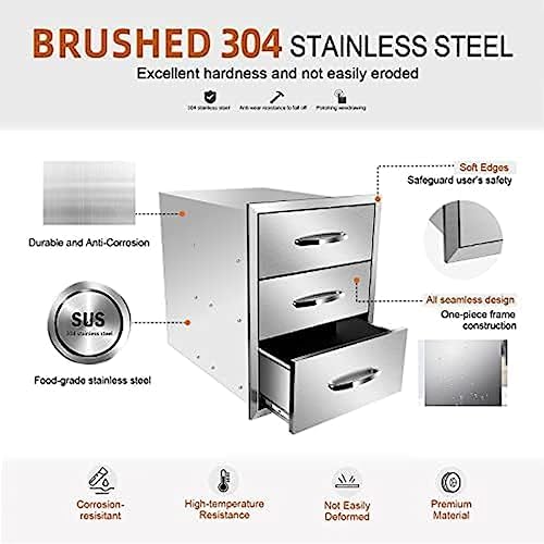 Stainless Steel Outdoor Kitchen Drawers - 3-Drawer BBQ Drawer, Built-in, Flush Mount for Outdoor Kitchens & BBQ Islands, 18Wx23Dx24H - Image 3