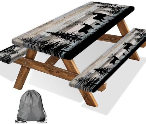 Forest Deer Picnic Table Cover with Bench Covers and Bag, Camping Essentials, Waterproof Windproof, Fitted Tablecloth Cover with Elastic Edge, for Indoor & Outdoor, Garden, 3 PCS, 30x60 Inch by Xguatan