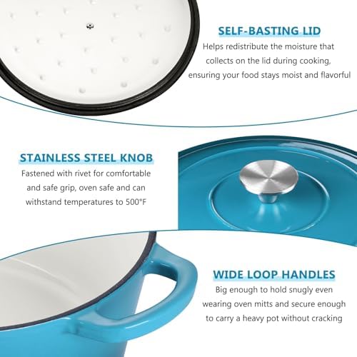 E-far 6 Quart Dutch Oven, Enameled Cast Iron Dutch Oven Pot with Lid, Nonstick Round Cookware for Braising/Stews/Roasting/Bread Baking/Cooking, Heavy Duty, Induction & Oven Safe - Teal Mist - Image 7